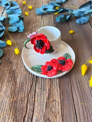 Turkish Coffee Cup Set with Poppy Flower