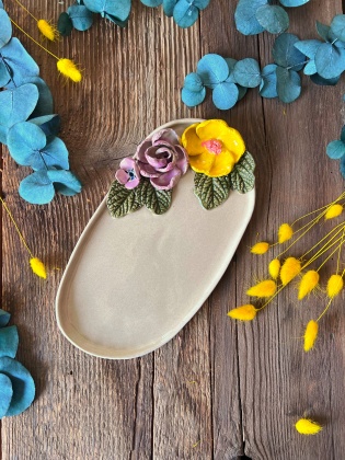 Big Oval Breakfast Plate with Purple Flowers