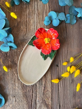 Oval Breakfast Plate with Red Flowers