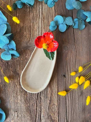 Oval Breakfast Plate with Red Flower