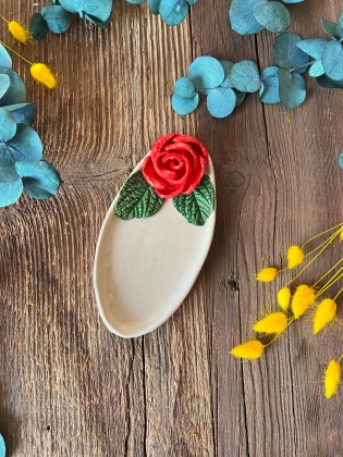 Small Oval Breakfast Plate with Red Rose