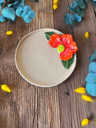 Mug Plate with Big Red Flower