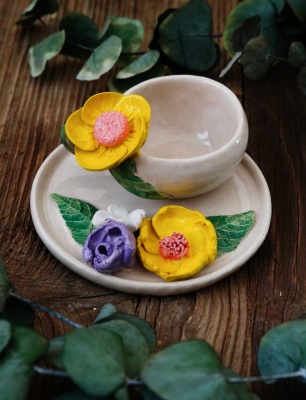Handcraft Design Ceramic Yellow Flower Turkish Coffee Set