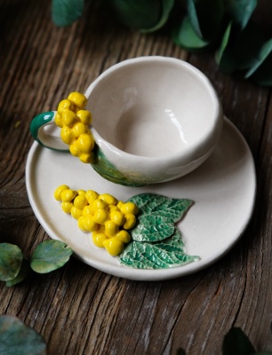 Handmade Design Yellow Flowered Ceramic Turkish Coffee Set
