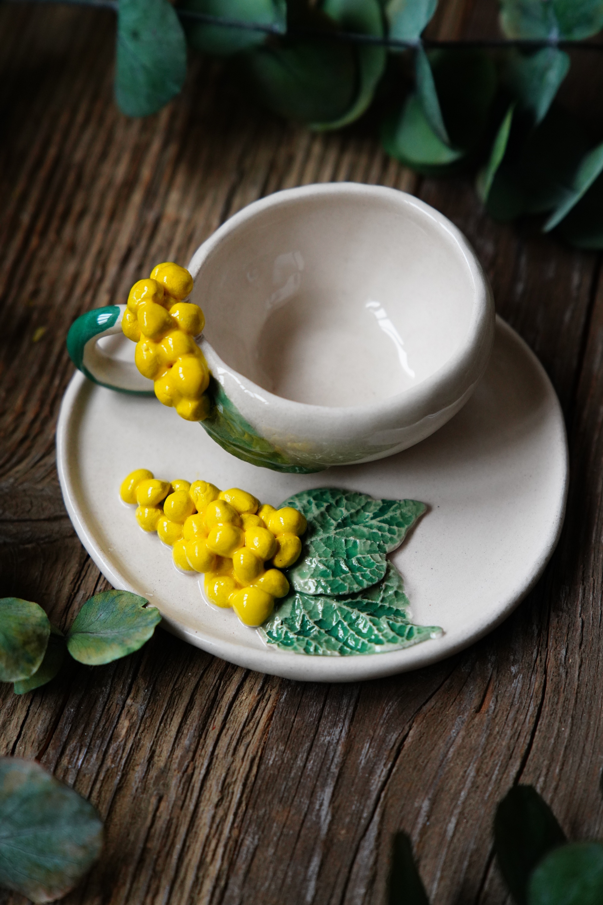 El Yapımı Mimoza Tasarımlı Seramik Türk Kahvesi Seti