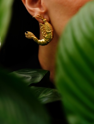 Handmade Design Gold Plated Brass Earrings with Shrimp Design