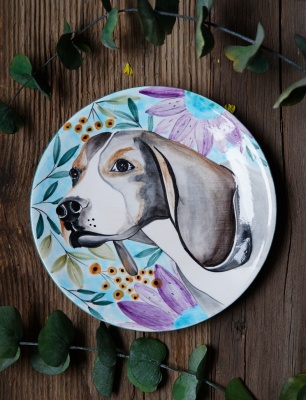 El Yapımı Tasarım Çini Tabak Köpek