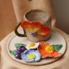Handmade Design With Big Flowers Ceramic Mug Set