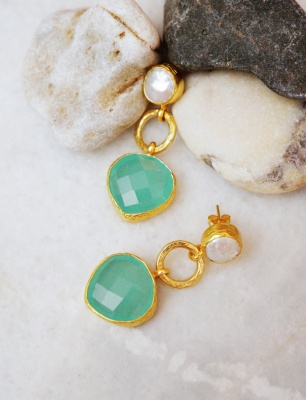 Handmade Design Gold Plated Brass Earrings with Pearl and Aqua Chalcedony Stones