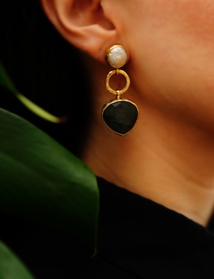 Handmade Gold Plated Pearl and Labradorite Stone Brass Earrings