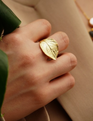 Handmade Leaf Design Gold Plated Brass Ring