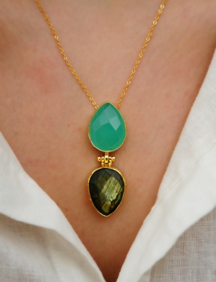 Handmade Gold Plated Brass Necklace with Labradorite and Aqua Chalcedony Stone