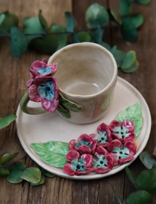Handcraft Design Ceramic Mug Set Burgundy Flowers