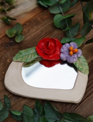 Handmade Ceramic Floral Mirror Red