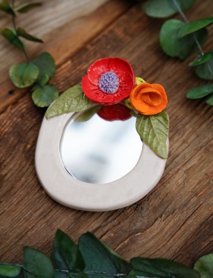 Handmade Ceramic Floral Mirror Red
