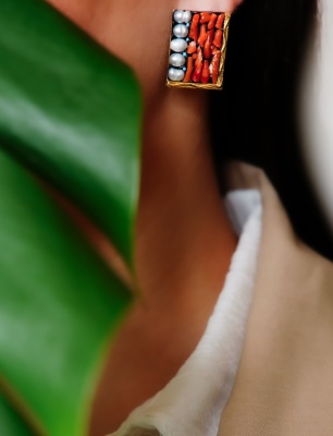 Handmade Designed Silver Earrings with Pearls and Coral