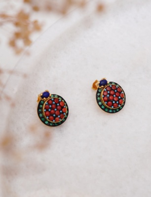 El Yapımı Tasarımlı Gümüş Küpe Lapis Lazuli ve Mercanlı