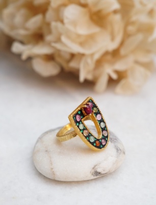 Handmade Design Silver Ring with Tourmaline and Coral Stones