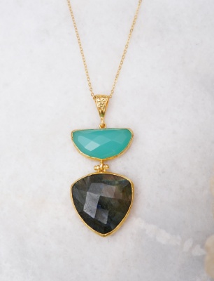 Handmade Gold Plated Brass Necklace with Labradorite and Aqua Chalcedony Stone