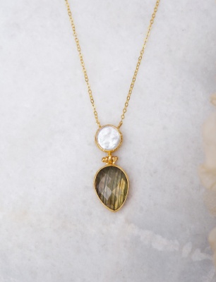 El Yapımı Altın Kaplama Pirinç Kolye Kuvars ve İnci Taşlı