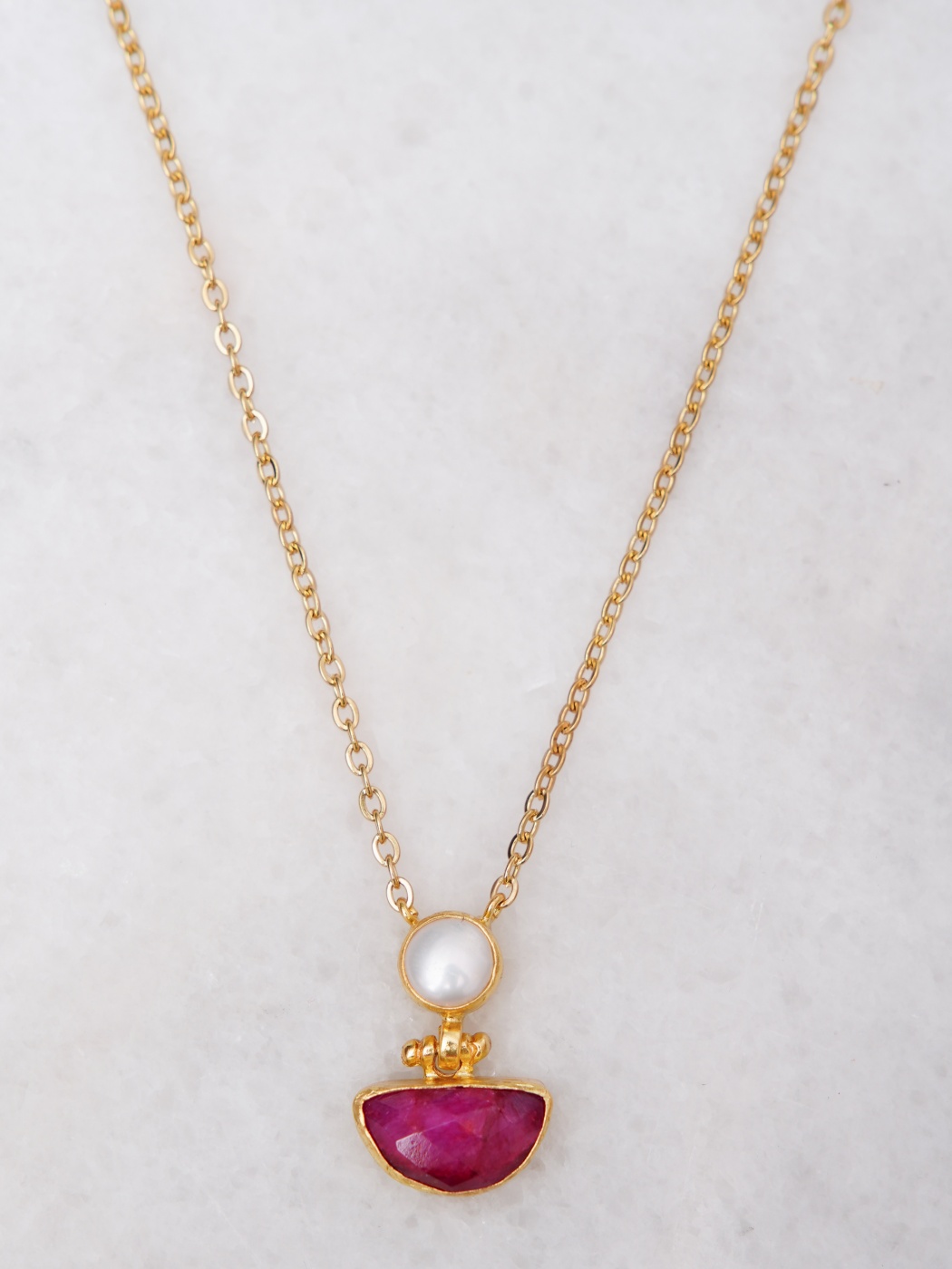 Handmade Gold Plated Brass Necklace with Ruby and Pearl Stones