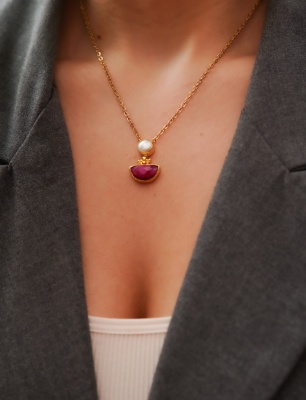 El Yapımı Altın Kaplama Pirinç Kolye Yakut ve İnci Taşlı