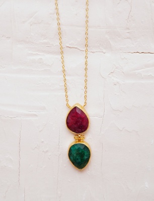 Handmade Gold Plated Brass Necklace with Ruby and Emerald Stones