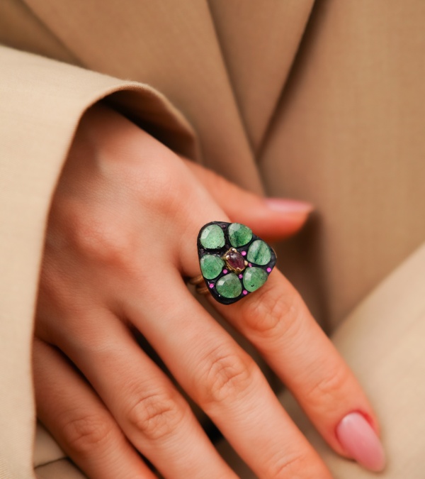 El Yapımı Tasarım Gümüş Yüzük Aventurin Taşlı