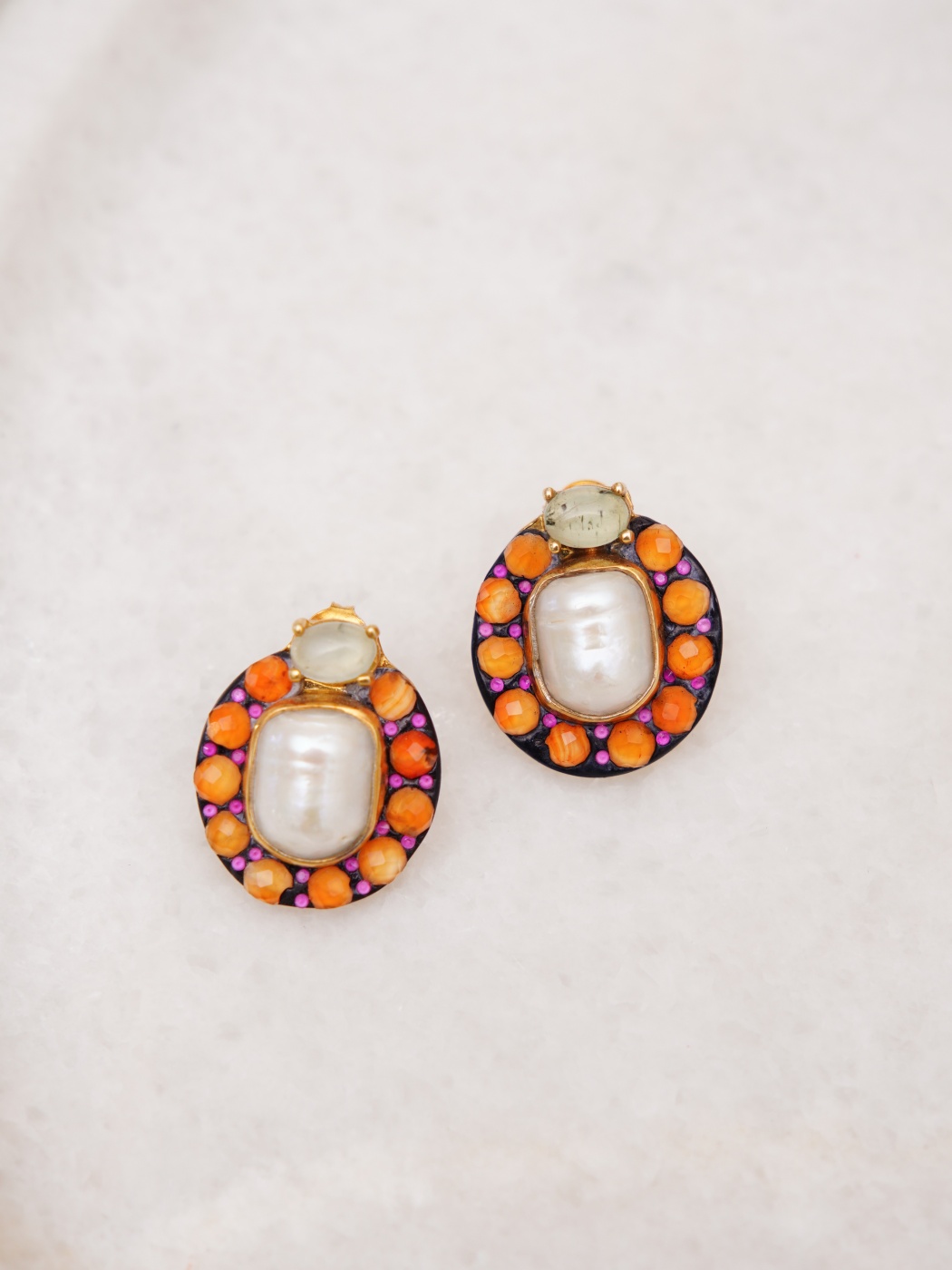 Handmade Design Silver Earrings with Agate, Pearl and Quartz Stone