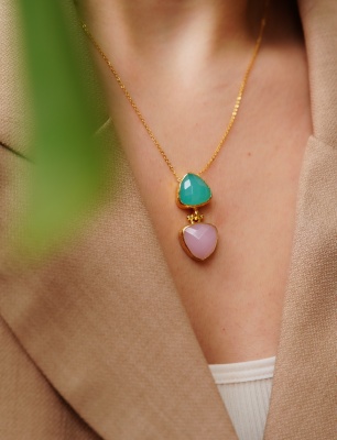 Handmade Gold Plated Brass Necklace with Aqua Chalcedony and Pink Quartz Stone