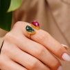 Handmade Design Brass Ring with Ruby and Emerald Stones