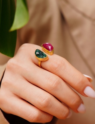 Handmade Design Brass Ring with Ruby and Emerald Stones