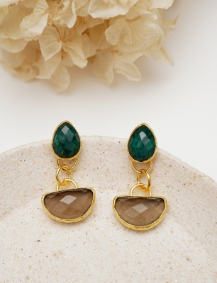 Handmade Design Brass Earrings Emerald and Smoky Quartz