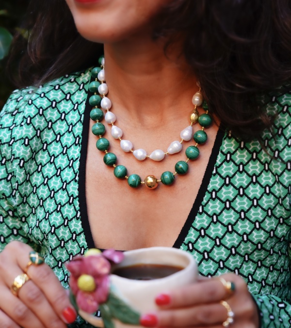 El Yapımı Tasarım Gümüş Kolye Malahit Taşlı