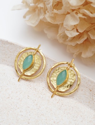 Handmade Design Brass Earrings Aqua Chalcedony Stone
