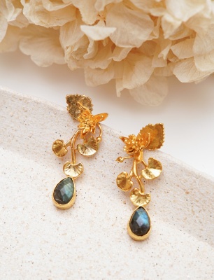 Handmade Floral Design Labradorite Stone Brass Earrings