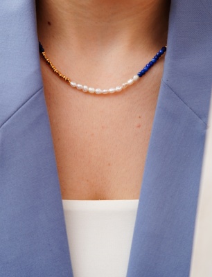 El Yapımı Tasarım Gümüş Kolye Lapis Lazuli ve İncili
