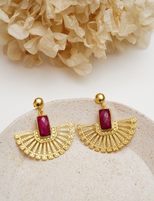 Handmade Flower Design Ruby Stone Brass Earrings