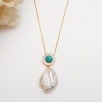 Handmade Gold-Plated Silver Necklace in Mother-of-Pearl, Baroque Pearl and Turquoise