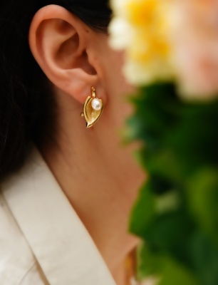 Silver Earrings with Pearl Leaf Design