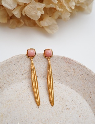 Silver Earrings with Coral Stone with Leaf Design