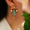 Coral, Turquoise and Pearl Brass Earrings