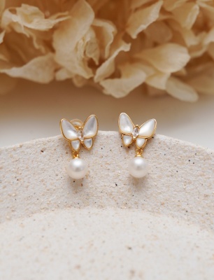 Silver Earrings with Mother of Pearl and Pearl Butterfly Design