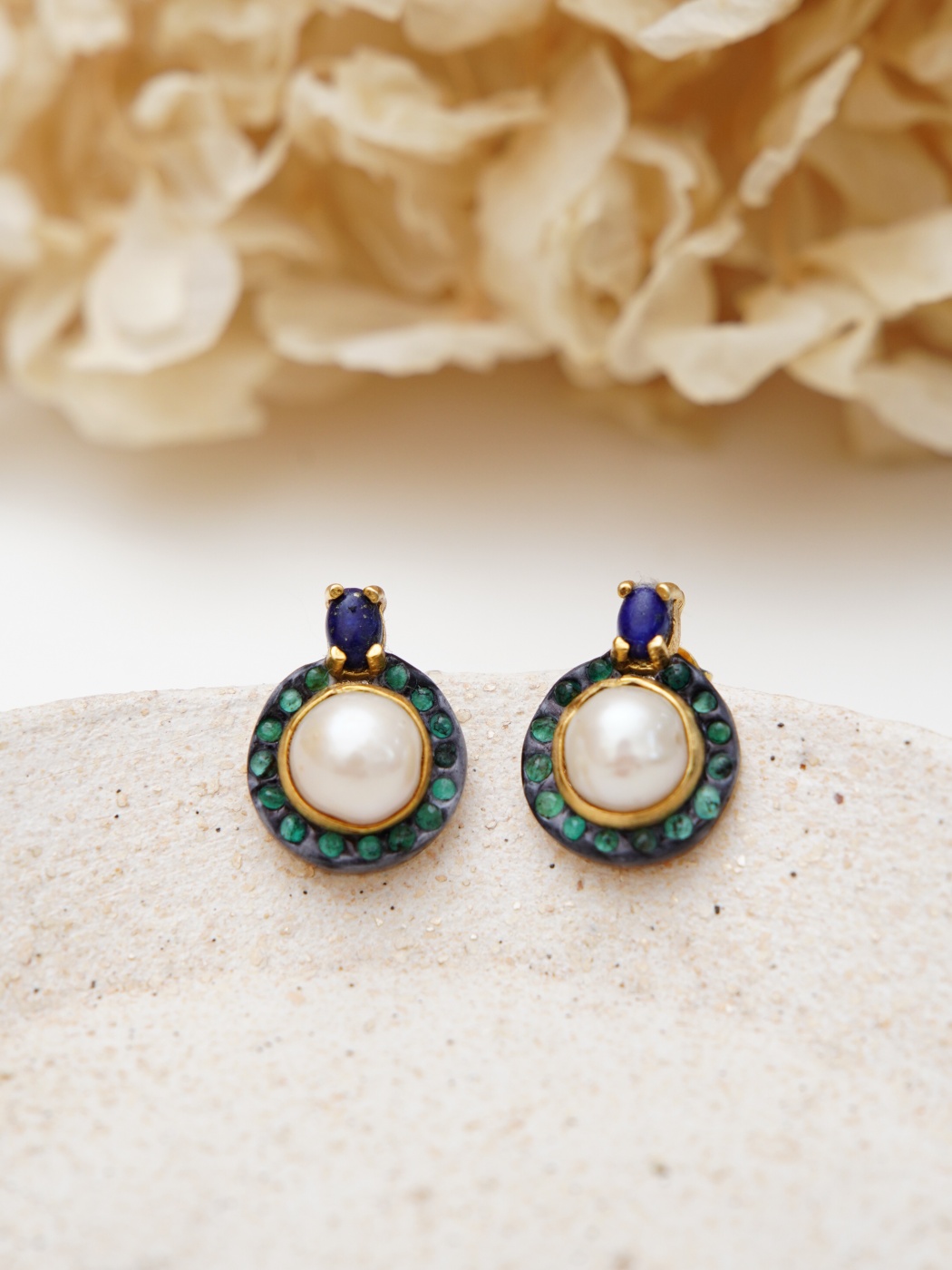 Lapis Lazuli ve İncili Gümüş Küpe