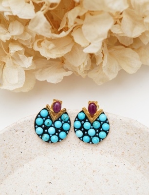 Silver Earrings with Turquoise and Ruby Stones
