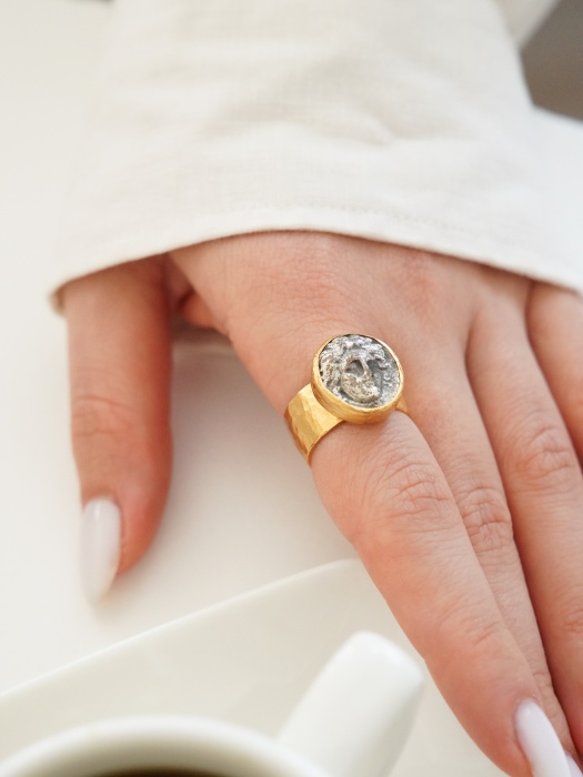 Handmade Design Gold Plated Brass Ring with Historical Coin Design