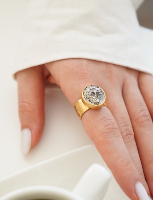 Handmade Design Gold Plated Brass Ring with Historical Coin Design