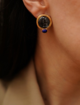 Handmade Coin Design Silver Earrings wtih Lapis Stone