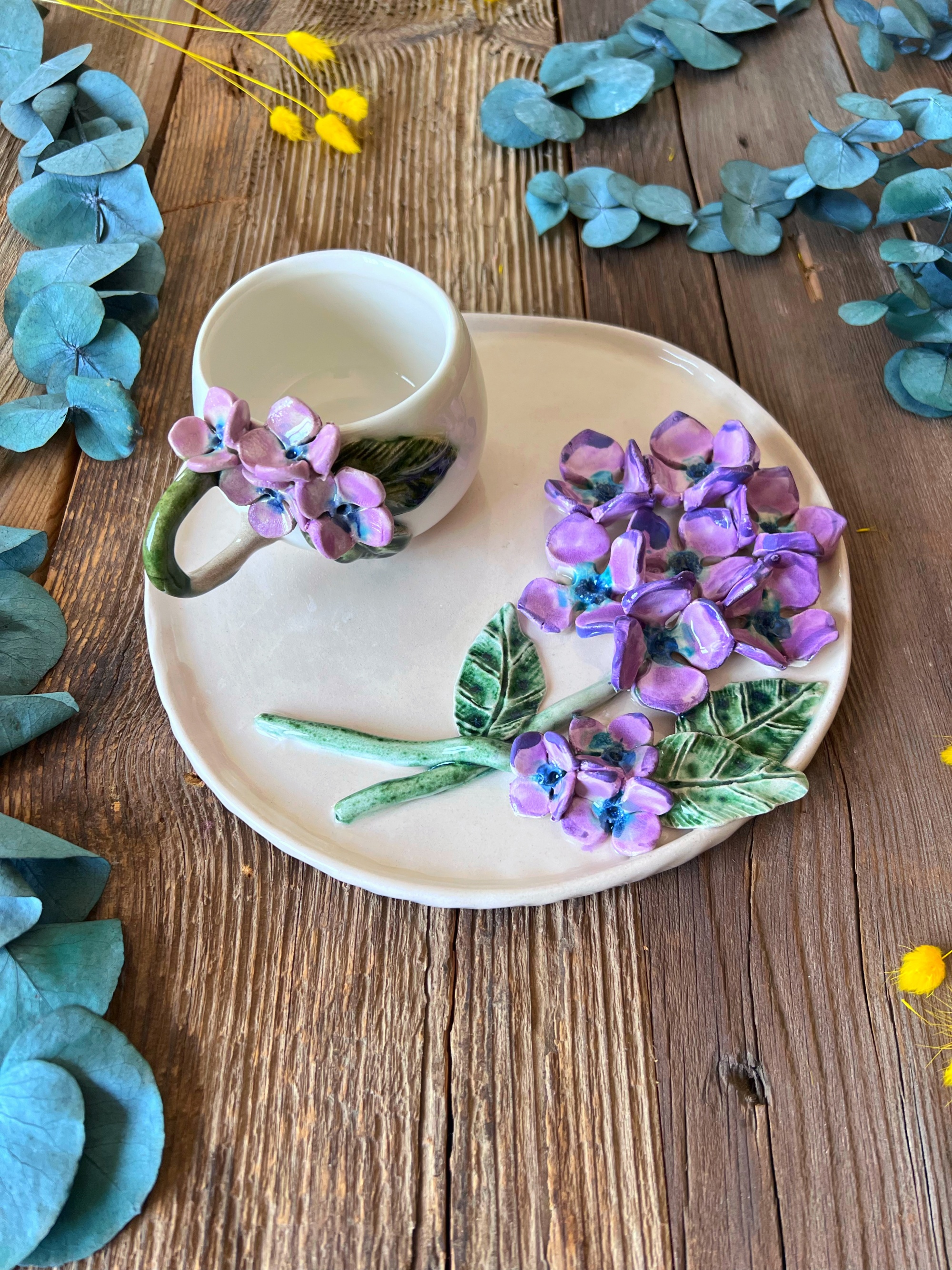 Coffee Mug Set with Purple Flowers