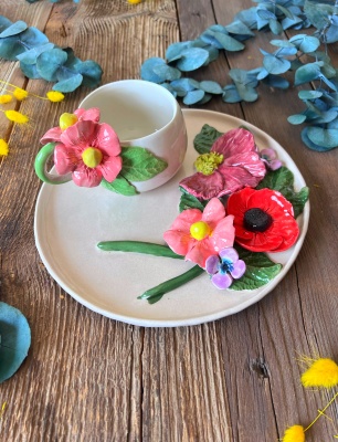 Coffee Mug Set with Pink Bouquet Flowers